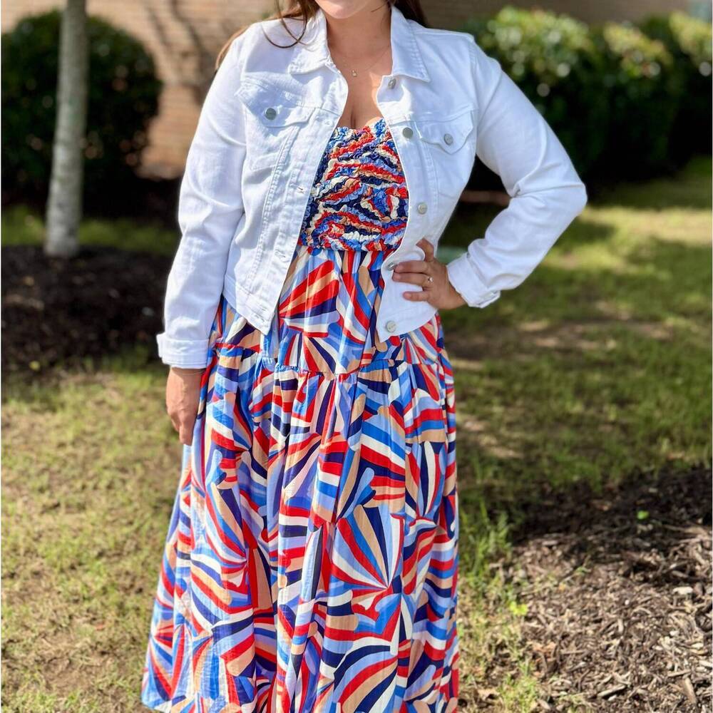 NEW SKIES ARE BLUE printed tiered midi dress in multi - Picture 7 of 9